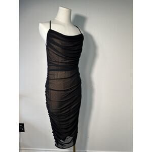 Day & Night Black Ruched Mesh Midi Dress Sheer Bodycon Spaghetti Strap L